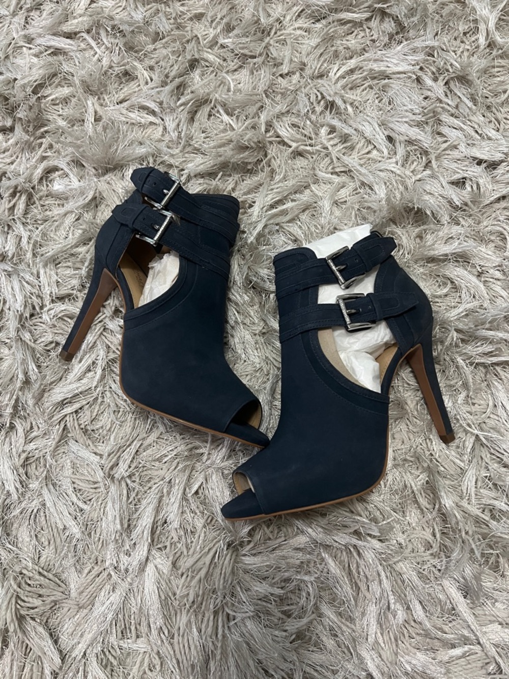 Michael Kors Navy Suede Peep-Toe High Heel Booties with Double Buckles